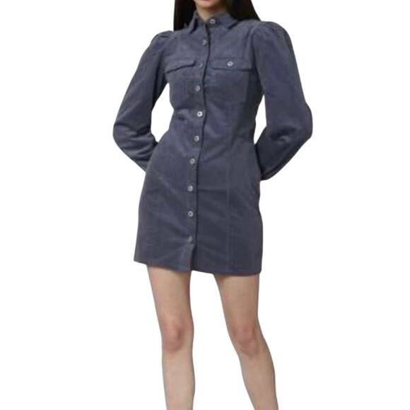 NWT Forever 21 SZ Small Navy Corduroy Button Up Puffy Sleeve Mini Shirt Dress - Picture 2 of 16